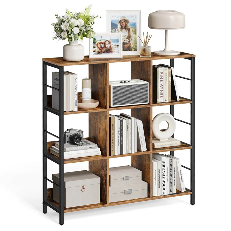 Meuble de rangement 3 niveaux étagère rangement bibliothèque style industriel 9 cubes pour salon bureau entrée cuisine 100 x 30 x 103 cm marron 12_0006396