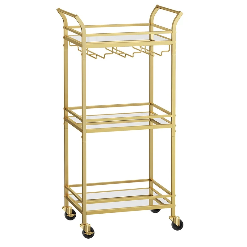 Chariot à 3 niveaux étagère de cuisine avec roulettes 30 x 46,8 x 92 cm poignée verre réfléchissant desserte pour petit espace cuisine salle à manger salle de bain salon doré 2_0004991