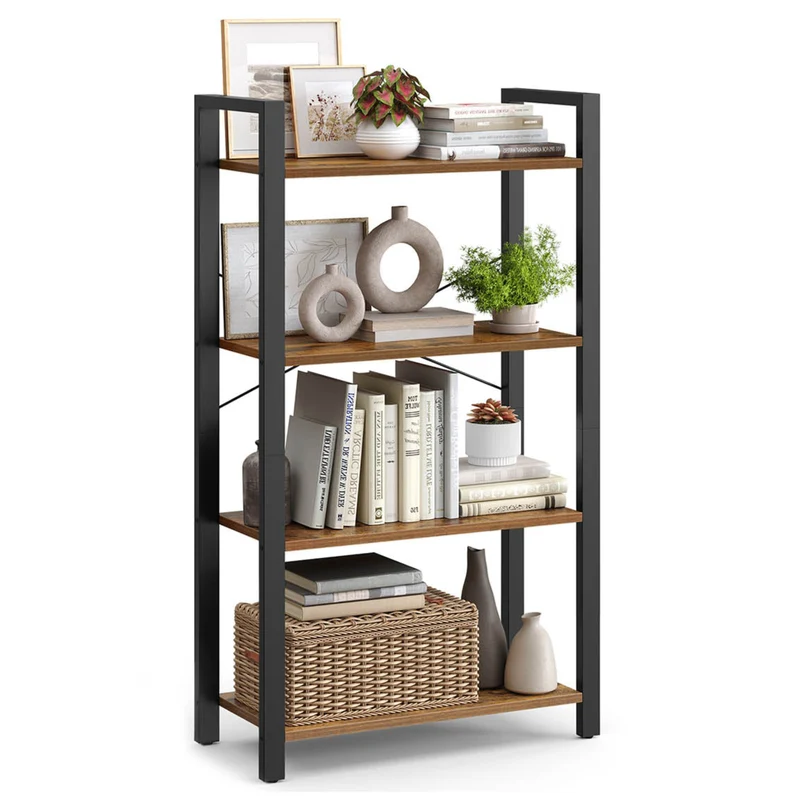 Bibliothèque étagère de rangement à 4 niveaux étagère échelle cadre en fer stable chambre bureau style industriel marron 12_0004255