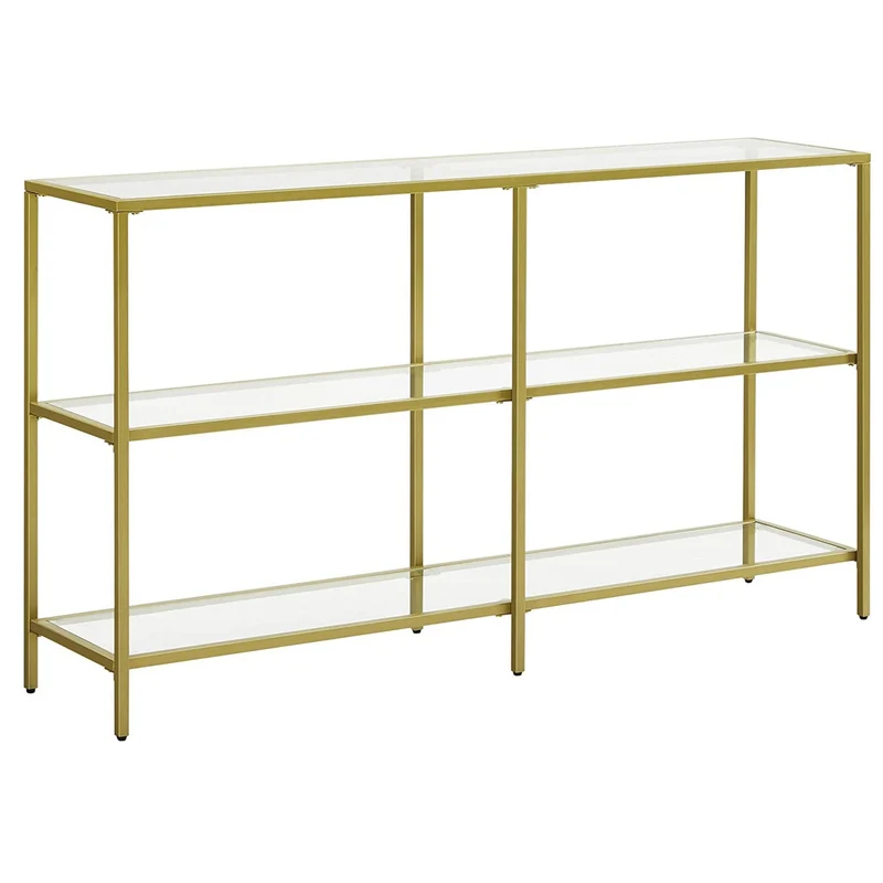 Table console meuble d’entrée étagère à 3 niveaux en verre trempé 130 x 30 x 73 cm cadre en métal style moderne pour entrée salon chambre doré 12_0002965