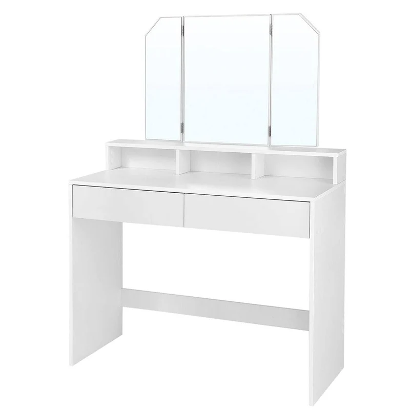 Coiffeuse avec miroir pliable table de maquillage avec 2 tiroirs et 3 compartiments de rangement style moderne blanc 12_0002325