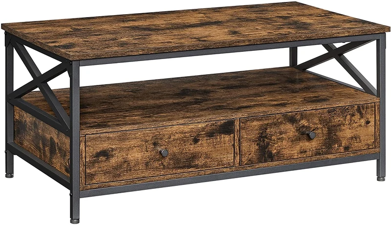 Table basse table de salon buffet bas avec 2 tiroirs et un compartiment ouvert cadre en acier en forme de x 100 x 55 x 45 cm style industriel marron rustique et noir 12_0002941