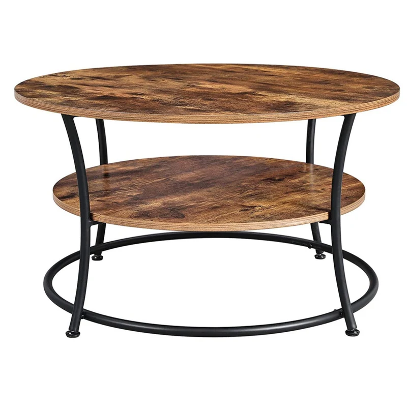Table basse table de salon buffet bas 2 niveaux avec étagère de rangement montage facile structure en métal diamètre 80 cm style industriel marron rustique 12_0002949