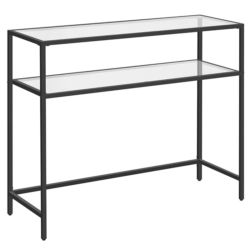 Table console table d’entrée bout de canapé dessus de table en verre trempé cadre métallique 2 niveaux pieds réglables pour salon entrée couloir noir 12_0002968
