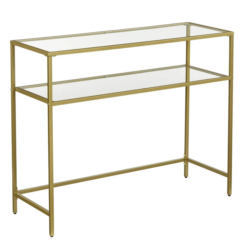 table console table d’entrée bout de canapé dessus de table en verre trempé Cadre métallique 2 niveaux pieds réglables 100 cm pour salon entrée couloir doré 12_0002976