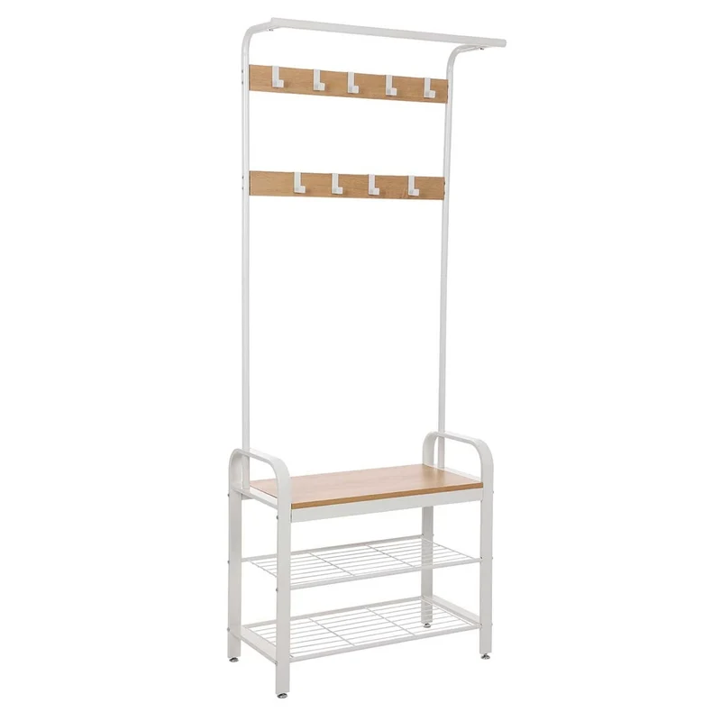 Porte-manteaux portemanteau métallique vestiaire rigide avec banc à chaussures meuble de rangement pour entrée avec 9 crochets amovibles blanc 12_0002707