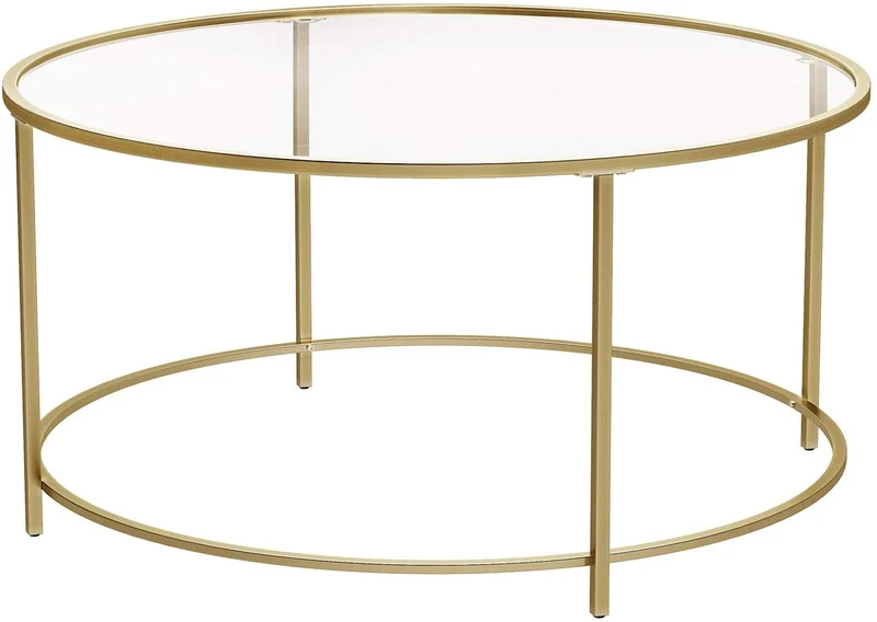 Table basse ronde plateau en verre trempé armature métallique dorée table de salon bout de canapé robuste et stable décoratif doré 12_0001011