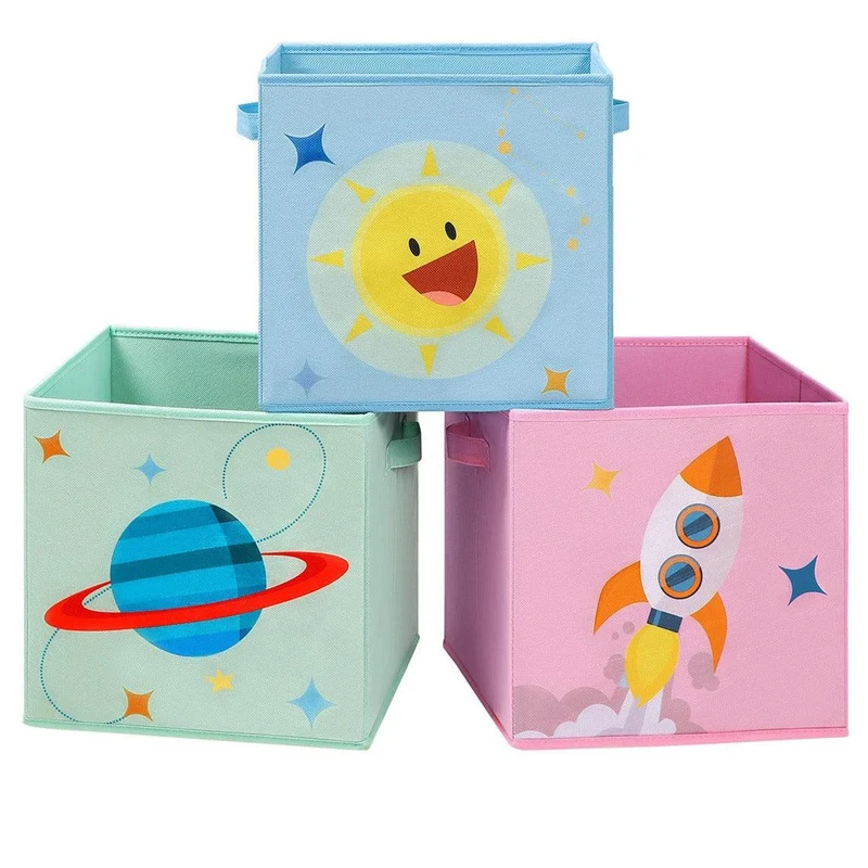 Boîtes de rangement lot de 3 organisateurs pour jouets cubes pliables avec poignées pour chambre d'enfant salle de jeux 30 x 30 x 30 cm thème de l'espace bleu vert et rose 12_0002274