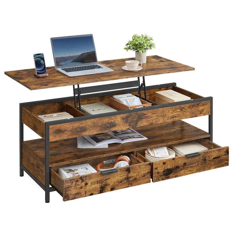 Table basse de salon avec plateau relevable 50 x 120 cm tiroirs de rangement avec rangement ouvert et compartiment caché 12_0007481
