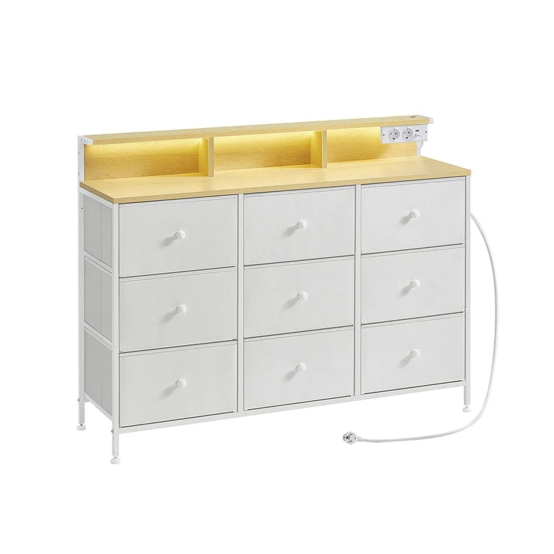 Commode meuble de rangement avec 9 tiroirs et éclairage led multiprise cadre en acier 335 x 114 x 84 cm pour chambre salon blanc nuage 12_0005214