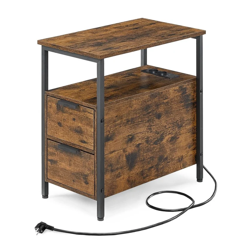 Table d’appoint avec multiprise petite table fine 60 x 35 x 61 cm avec 2 tiroirs table de chevet avec rangement pour salon chambre marron rustique et noir classique 12_0007550