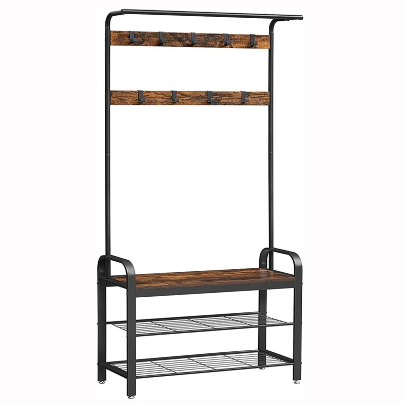 Portemanteau vestiaire meuble d’entrée avec crochets amovible banc et étagère à chaussures longueur 84 cm cadre en métal style industriel marron rustique et noir 12_0002689