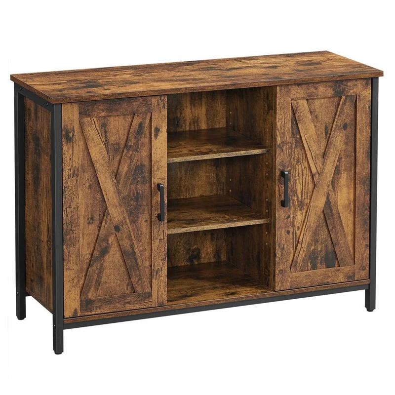 Buffet meuble de rangement avec placards et étagères portes façon grange pour salle à manger cuisine salon couloir style industriel 100 cm marron rustique et noir 12_0003026