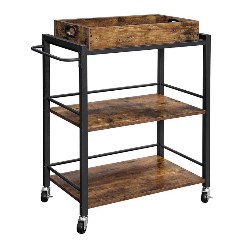 Desserte de style industriel chariot de cuisine avec plateau amovible avec pieds réglables et roulettes étagère de cuisine structure en fer 65 x 40 x 86 cm marron rustique 12_0003286