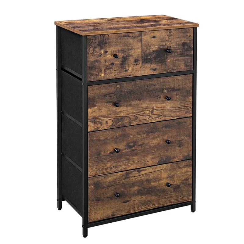 Commode meuble de rangement avec 5 tiroirs devant et dessus en MDF style industriel pour salon couloir chambre d'enfant marron 12_0005211