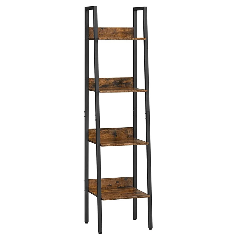 Étagère échelle bibliothèque à 4 niveaux meuble de rangement sur pied pour salon chambre cuisine cadre en acier facile à assembler style industriel 140 cm marron rustique et noir 12_0003498