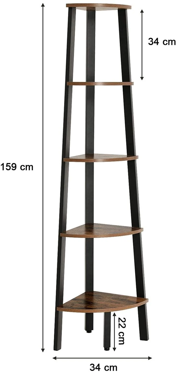 Bibliothèque d'angle rétro étagère d'angle rangement montage facile avec cadre métallique 32,5 x 34 x 159 cm pour salon maison bureau rétro noir marron 12_0000260