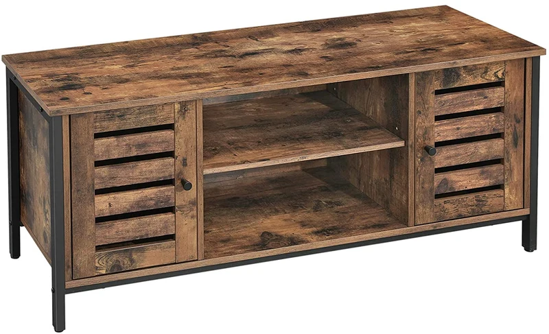 Meuble TV support télévision avec étagères et placards de rangement portes persiennes pour salon salle de jeu style industriel marron rustique 110 cm marron et noir 12_0000729