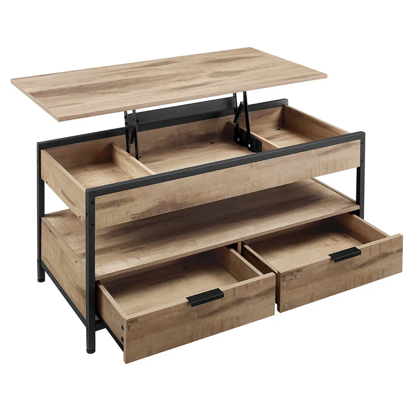 Table basse table de salon avec plateau relevable 50 x 100 tiroirs de rangement avec rangement ouvert et compartiment caché marron 12_0007480
