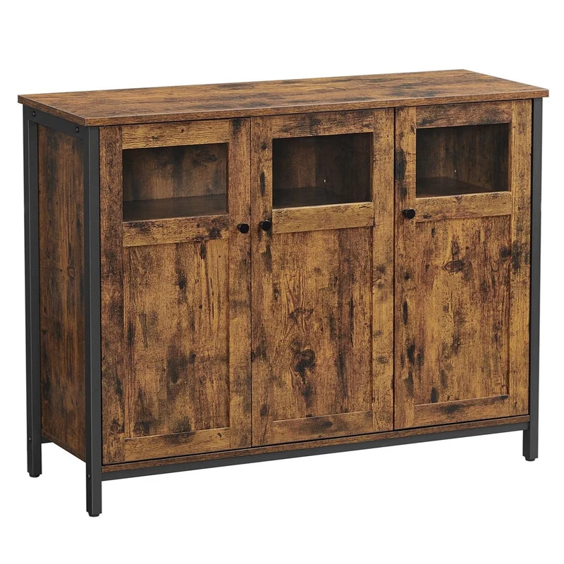 Meuble de rangement buffet avec placard 3 portes pour salle à manger salon cuisine entrée cadre en acier style industriel 100 cm marron rustique et noir 12_0002405
