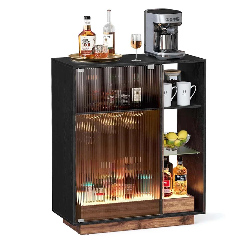 Meuble bar à vin avec éclairage buffet avec led rangement pour vin meuble de bar pour spiritueux avec porte-verre porte en verre cannelé pour salon 12_0006378