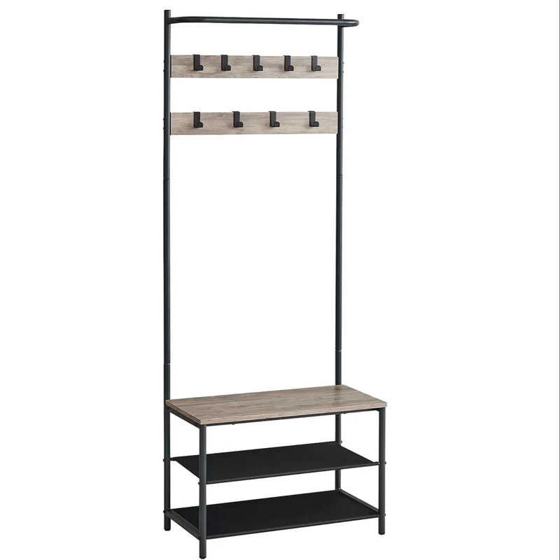 Meuble d’entrée 32,2 x 64 x 180 cm porte-manteaux avec banc et étagère à chaussures 9 crochets amovibles tringle pour entrée chambre style industriel gris 12_0006392