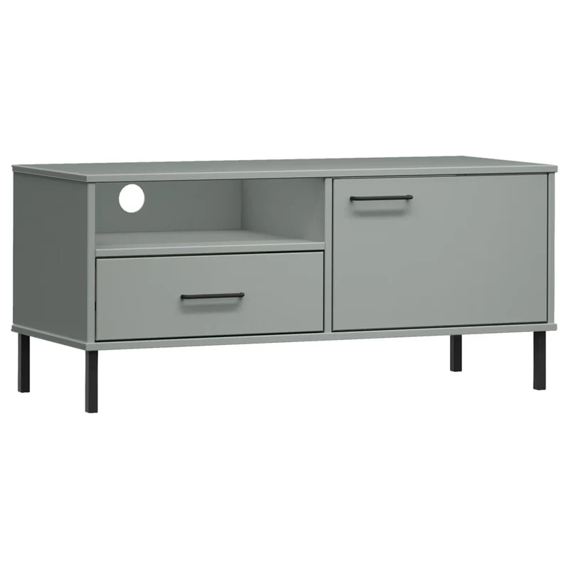 Meuble TV multimédia étagère télévision buffet téléviseur salle à manger salon chambre avec pieds en métal bois de pin massif gris 02_0026866
