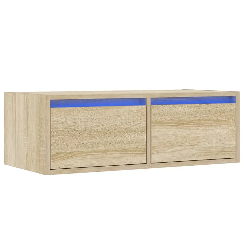 Meuble TV élégant avec lumières LED 75 x 35 x 25 cm gain de place design contemporain en bois d'ingénierie chêne sonoma 02_0051320