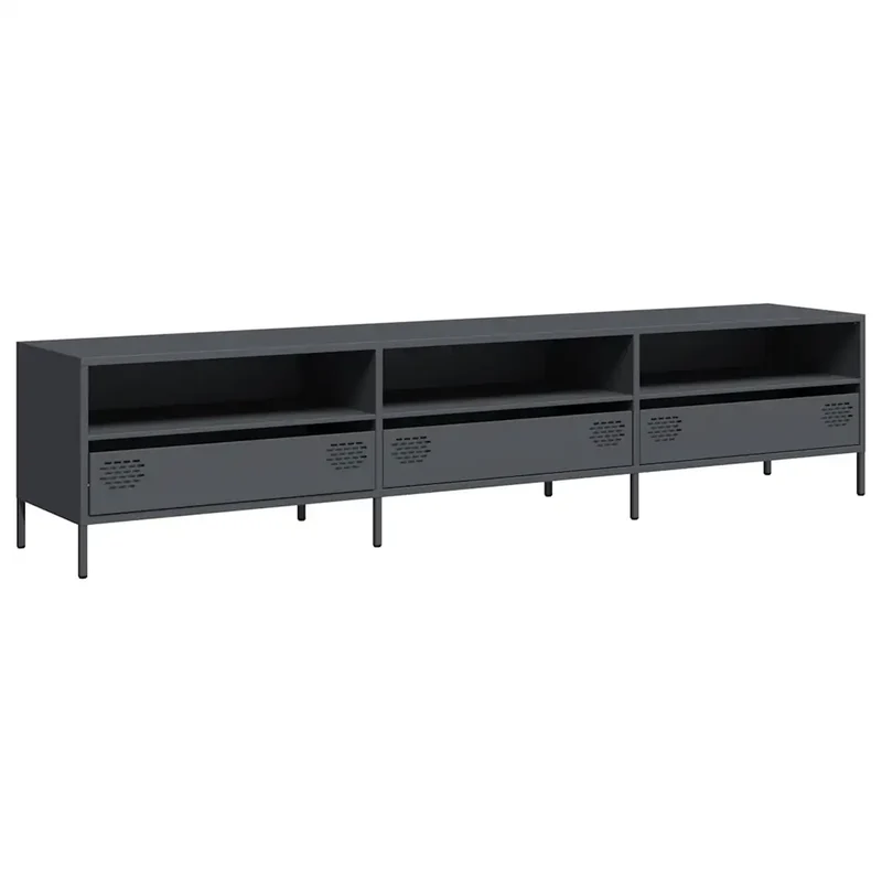 Meuble TV industriel design robuste avec espace de rangement 202 x 39 x 43,5 cm en acier laminé à froid anthracite 02_0049759
