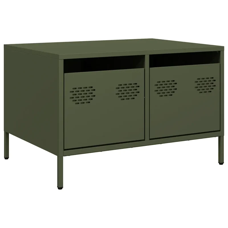 Meuble TV industriel avec 2 tiroirs 68 x 50 x 43 cm rangement pratique en acier laminé à froid vert olive 02_0049732