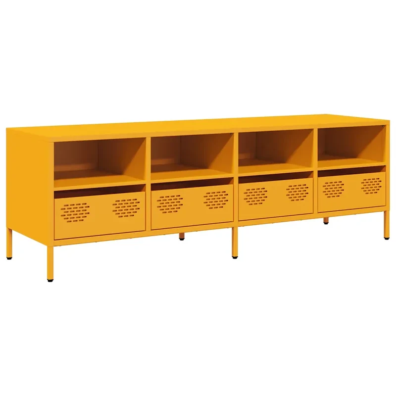 Meuble TV industriel jaune moutarde 135 x 39 x 43 cm avec rangement moderne en acier laminé à froid 02_0049752