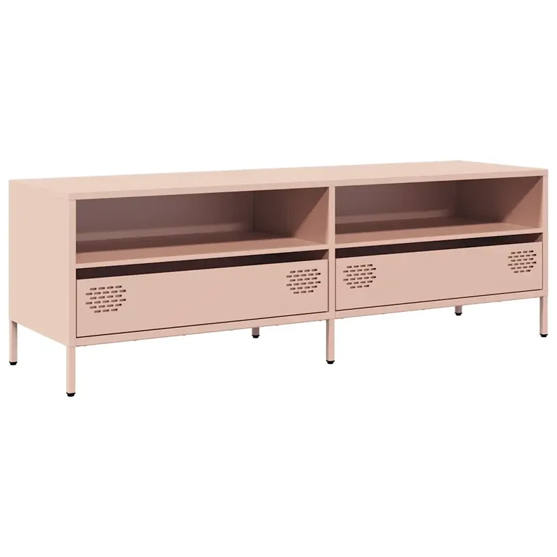 Meuble TV robuste avec 2 compartiments et 2 tiroirs style industriel 135 x 39 x 43 cm en acier laminé à froid rose 02_0049754