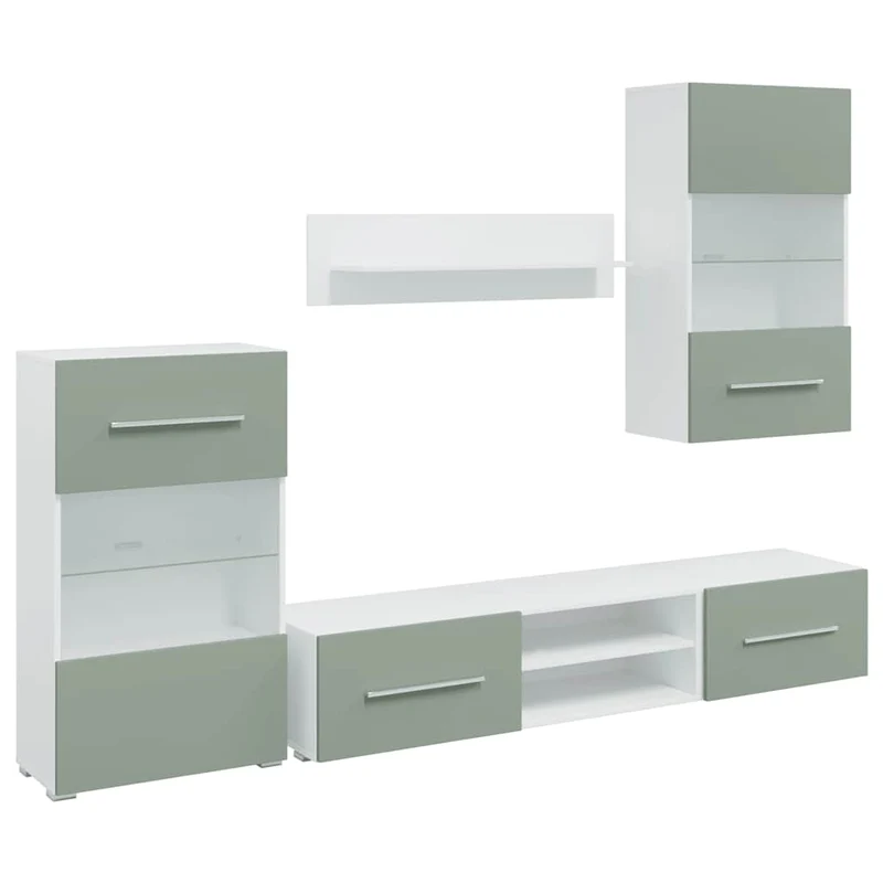 Lot de 5 meubles TV modernes avec éclairage LED rangement 120 x 39,5 x 34 cm en bois d'ingénierie vert olive 02_0055747