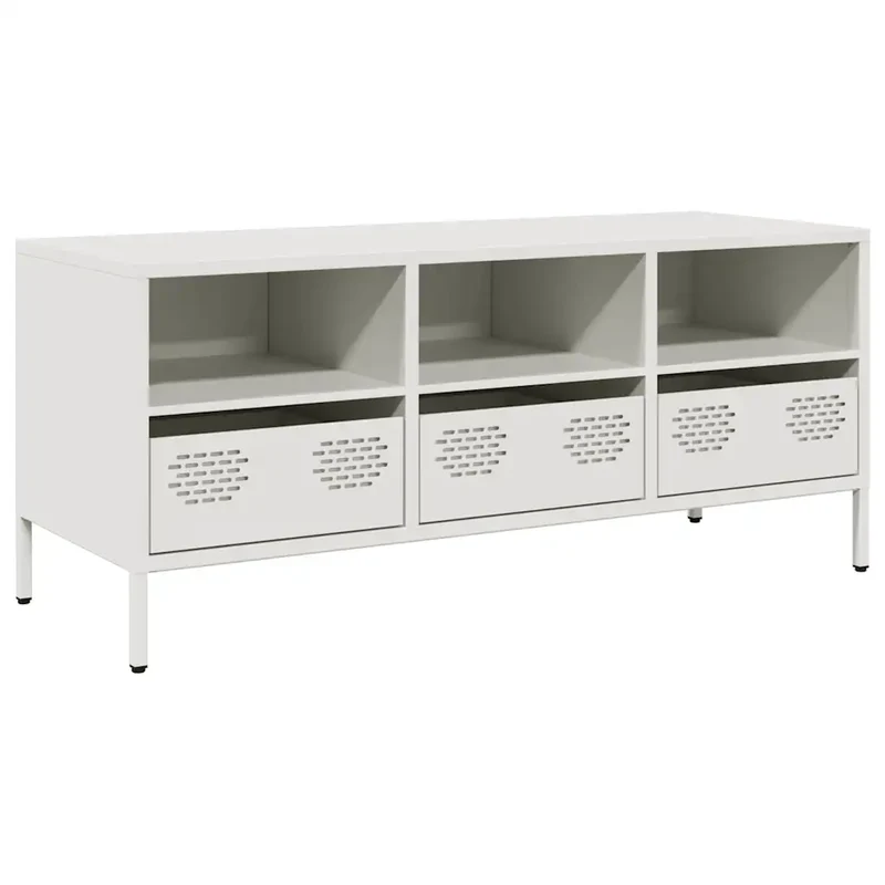 Meuble TV design industriel avec rangement ample 101,5 x 39 x 43,5 cm en acier laminé à froid blanc 02_0049750