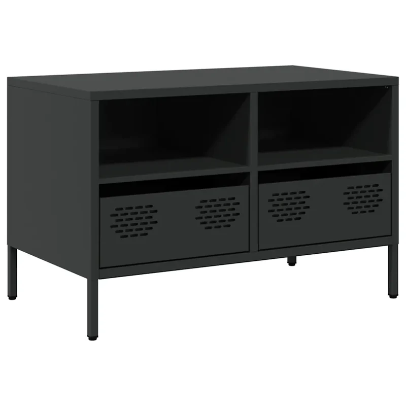 Meuble TV industriel avec 2 compartiments et 2 tiroirs 68 x 39 x 43 cm en acier laminé à froid noir 02_0049739
