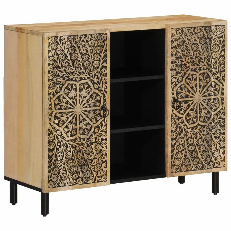 Armoire latérale 90 x 33 x 75 cm avec grand espace de rangement style rétro en bois massif de manguier 02_0047295