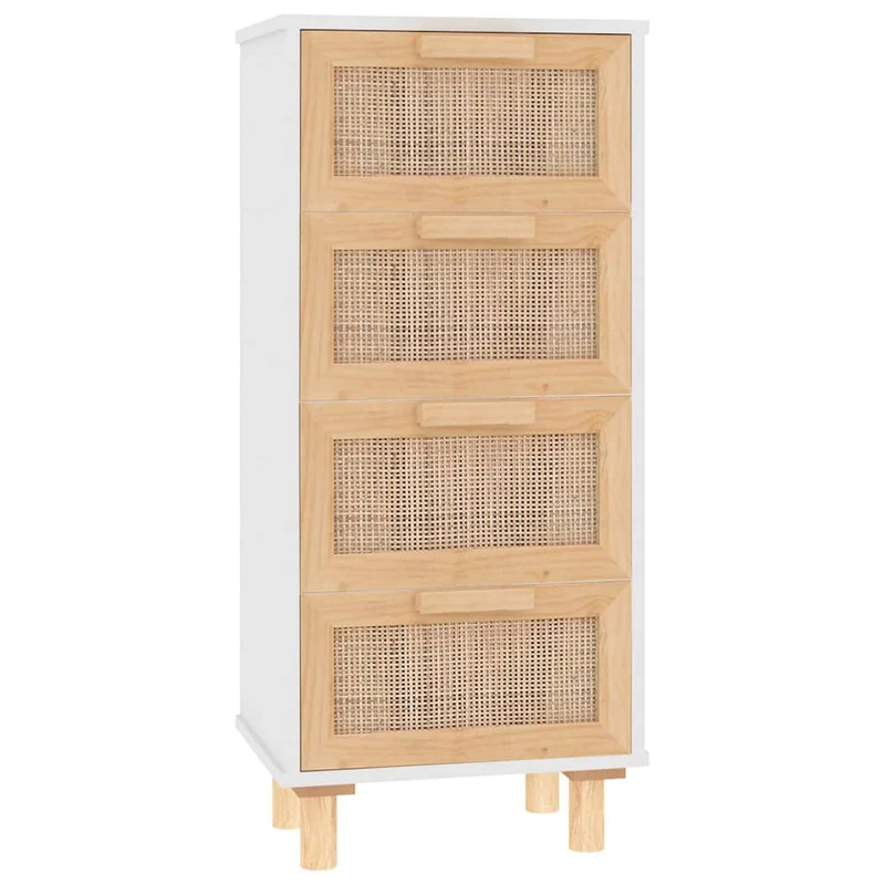 Buffet bahut commode armoire meuble de rangement organisateur cuisine salle de séjour salon 40 x 30 x 90 cm bois de pin massif et rotin naturel blanc 02_0030294