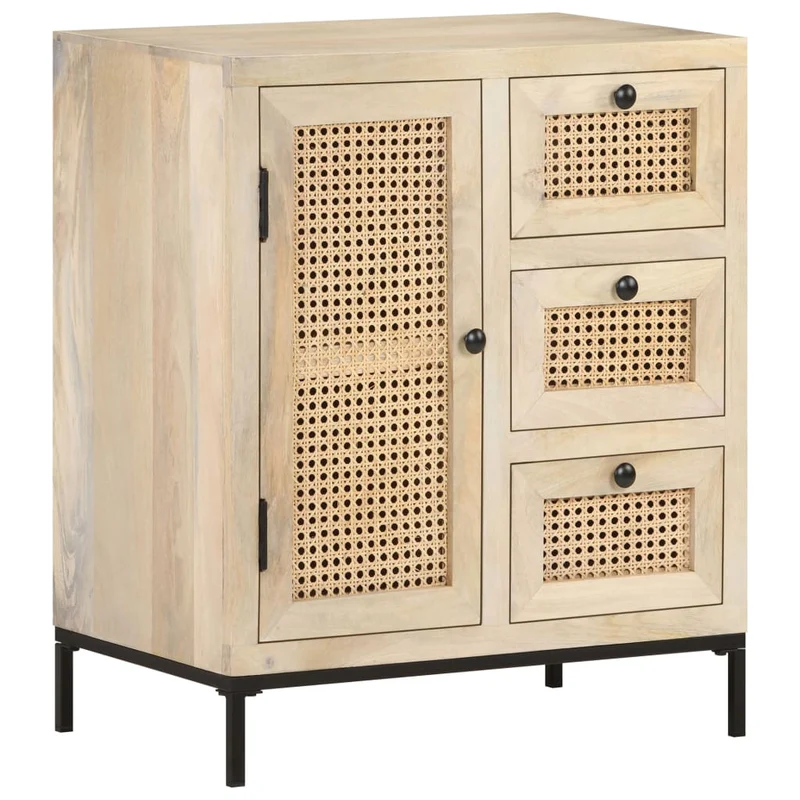 Buffet bahut commode armoire meuble de rangement organisateur cuisine salle de séjour salon 60 x 35 x 70 cm bois de manguier massif et canne naturelle marron 02_0029624