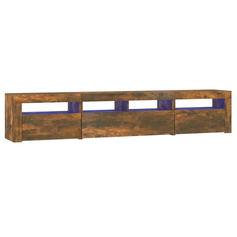 Meuble TV multimédia étagère télévision buffet téléviseur salle à manger salon chambre avec lumières LED chêne fumé 210 x 35 x 40 cm brun 02_0026728