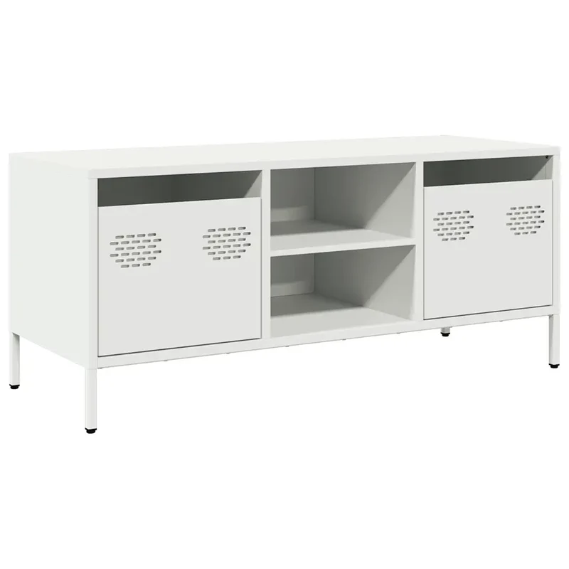 Meuble TV robuste industriel avec 2 compartiments et 2 tiroirs 101,5 x 39 x 43,5 cm en acier laminé à froid blanc 02_0049735