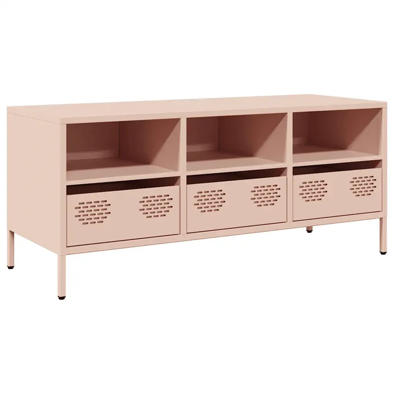 Meuble TV industriel rose 101,5 x 39 x 43,5 cm 3 compartiments et 3 tiroirs en acier laminé à froid 02_0049746