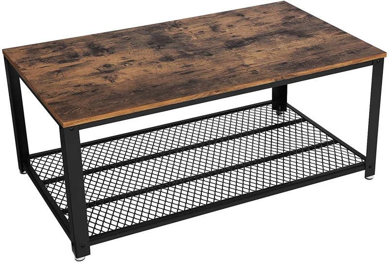 Table basse table de salon bout de canapé avec grand plateau pieds réglables protection du plancher armature métallique rigide montage facile style industriel 106 cm marron foncé 12_0001001