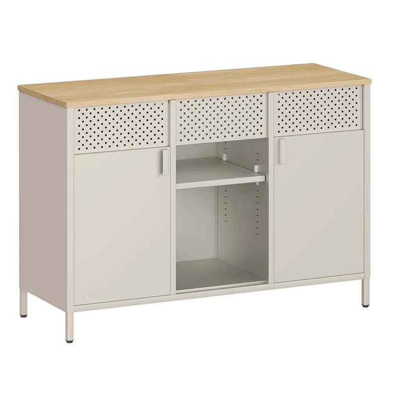 Armoire de rangement meuble en métal 40 x 110 x 76 cm placard à double portes buffet fermeture magnétique étagères réglables cadre en acier beige 12_0007933
