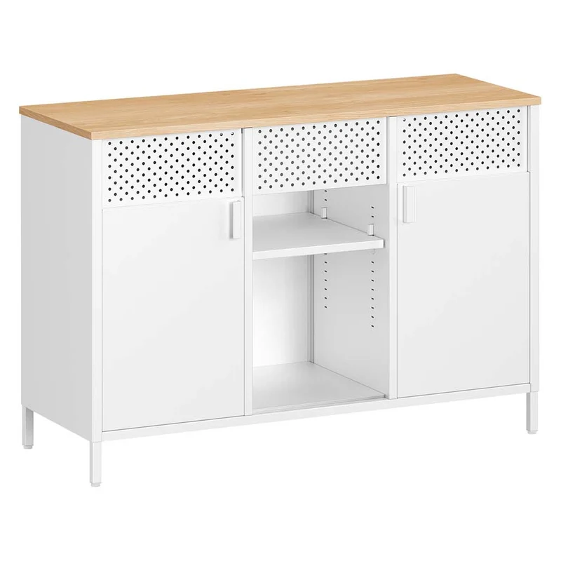 Armoire de rangement meuble en métal placard à double portes buffet fermeture magnétique étagères réglables cadre en acier blanc 12_0007934