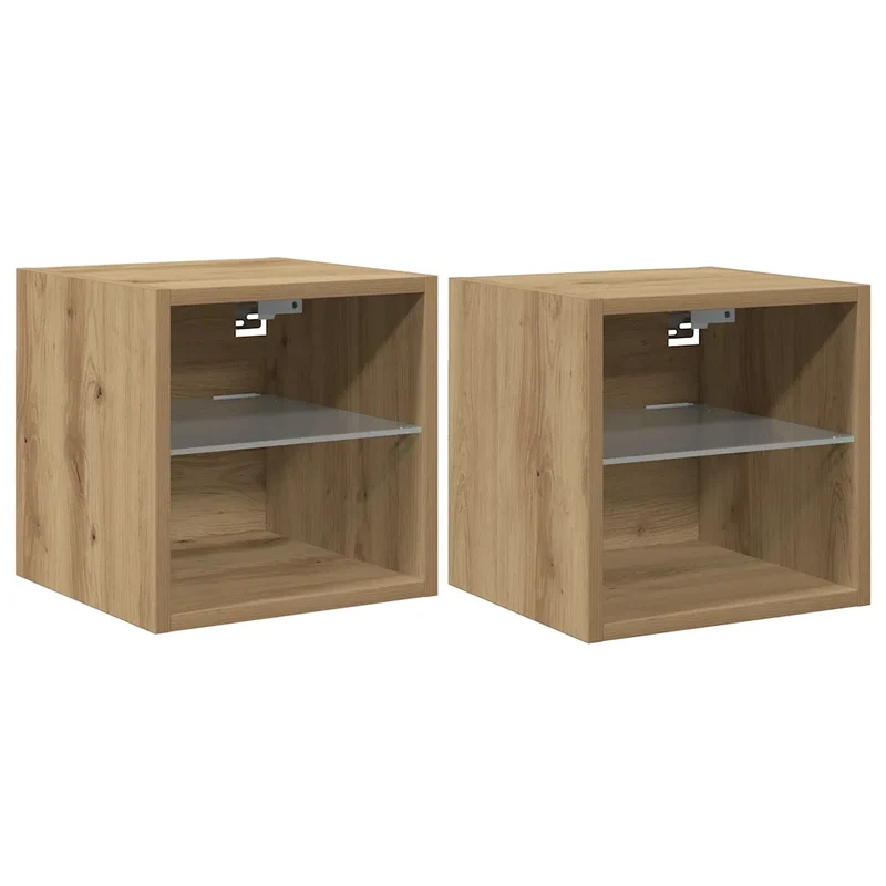 Lot de 2 meubles TV muraux avec lumières LED design contemporain 30 x 28,5 x 30 cm en bois d'ingénierie chêne artisanal 02_0051175