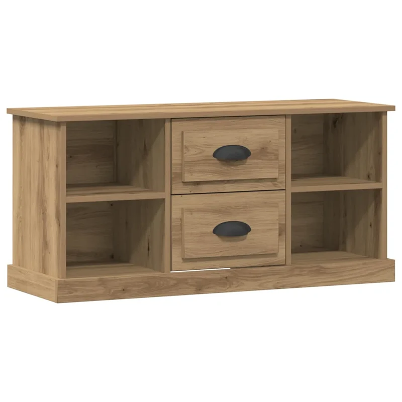 Meuble TV rectangulaire moderne avec étagères pratiques rangement 99,5 x 35,5 x 48 cm en bois d'ingénierie chêne artisanal 02_0052734