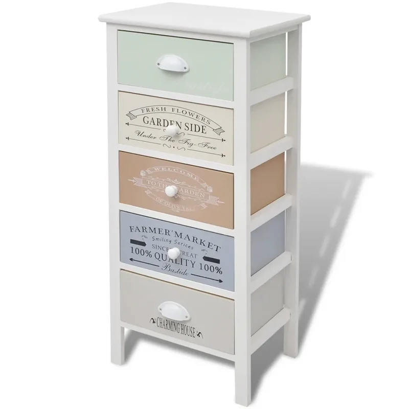 Armoire de rangement style français rustique 38 x 28 x 86,5 cm avec 5 tiroirs décoratifs en bois blanc 02_0046275