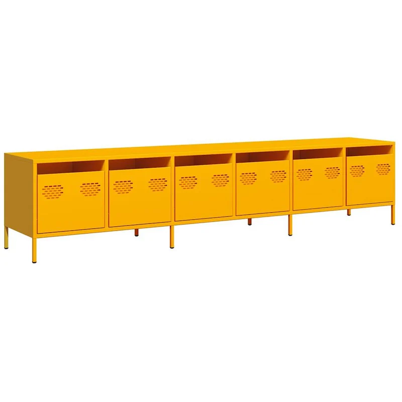 Meuble TV moderne avec grand espace de rangement 202 x 39 x 43 cm en acier laminé à froid jaune moutarde 02_0055635