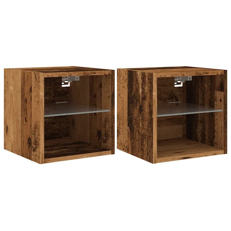 Lot de 2 meubles TV muraux avec étagère en verre et lumières LED design contemporain 30 x 28,5 x 30 cm en bois d'ingénierie vieux bois 02_0051173