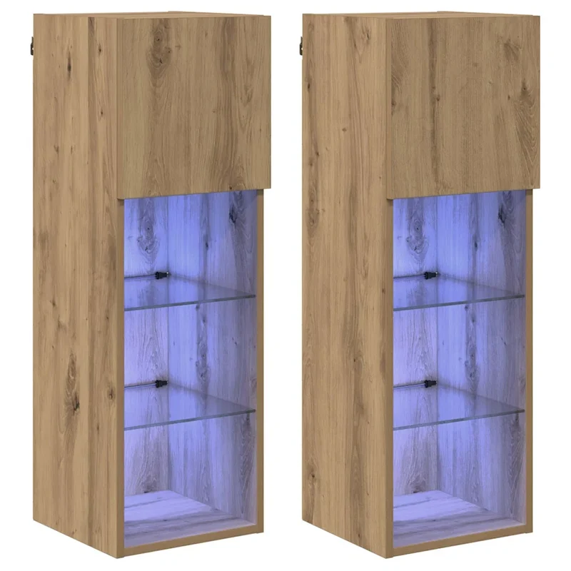 Lot de 2 meubles TV muraux modernes stratégiquement lumineux 30,5 x 30 x 90 cm en bois d'ingénierie chêne artisanal 02_0052813